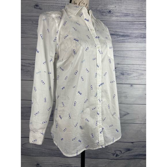 Old Navy Button Front Poplin Shirt Women XS Collar Dot Glasses Pocket White Blue - Picture 1 of 15